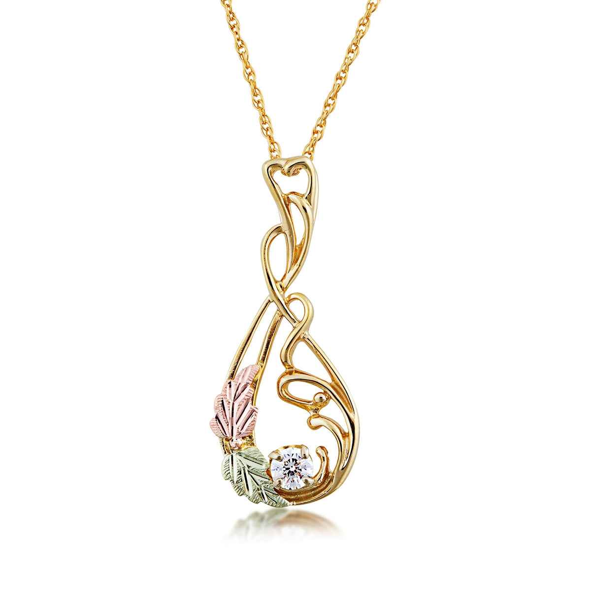 Noventa & Black Hills Gold 1/4 ct. tw. Round Diamond Vine & Leaf Teardrop Pendant in 10K Yellow Gold