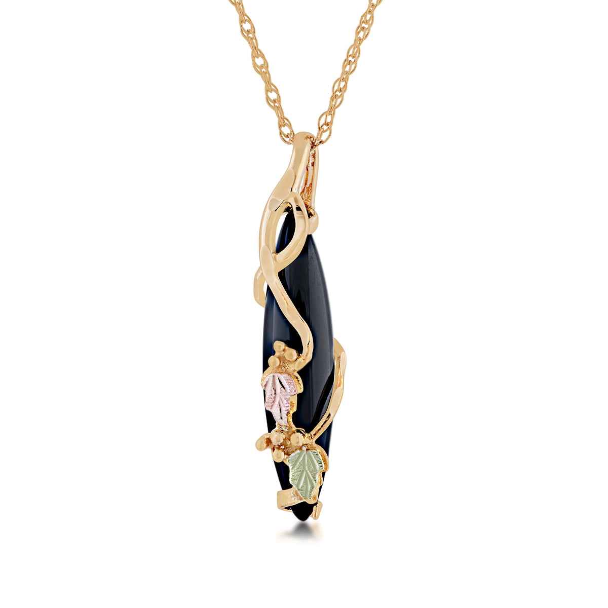 Black Hills Gold Marquise Onyx Grapevine Pendant in 10K Yellow Gold
