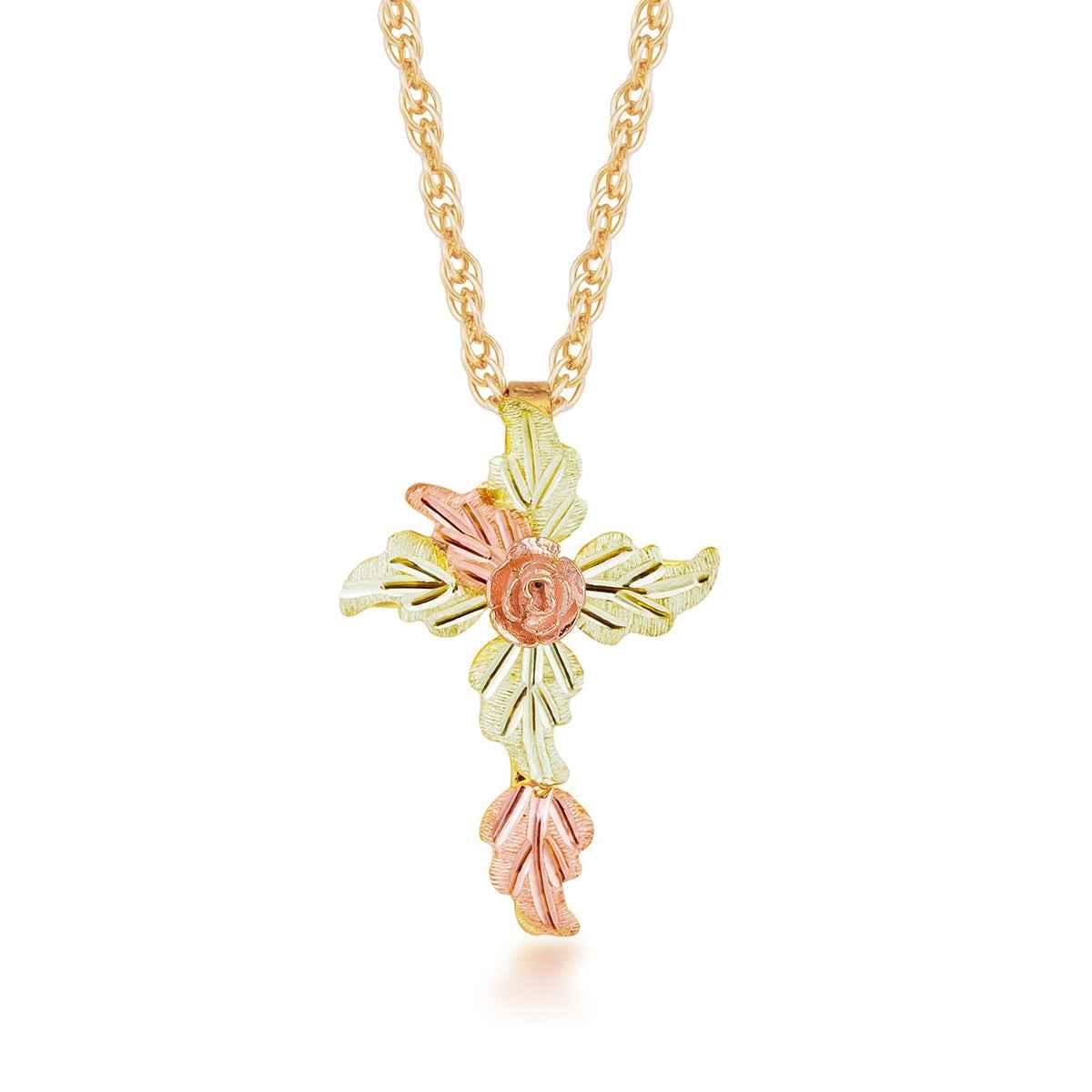 Black Hills Gold Leaf Cross Pendant with Rose Center in 10K Yellow Gold