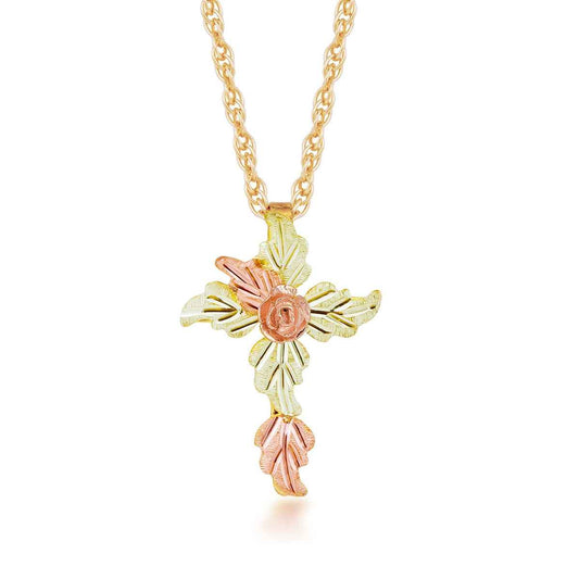 Black Hills Gold Leaf Cross Pendant with Rose Center in 10K Yellow Gold