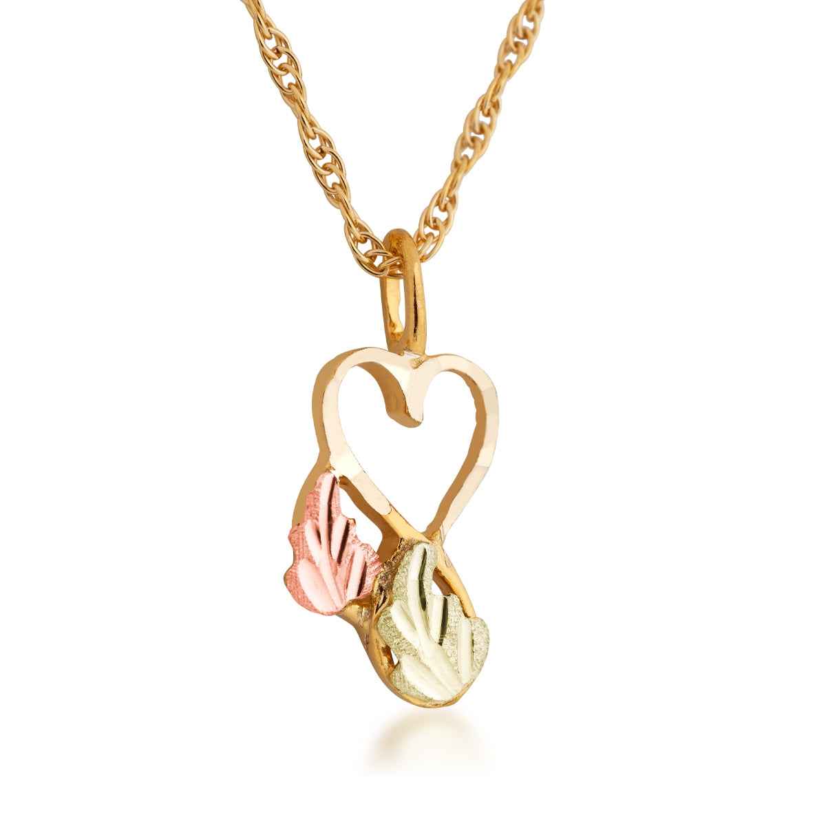 Black Hills Gold Open Heart Pendant with Leaf Accents in 10K Yellow Gold