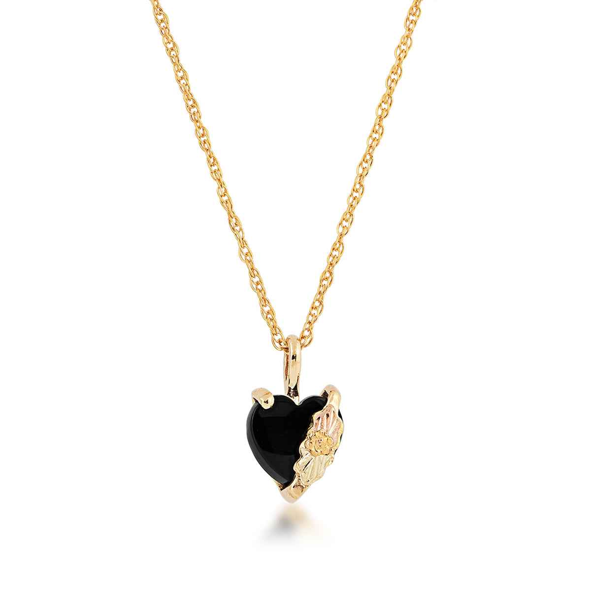 Black Hills Gold Onyx Heart Pendant with Leaf Overlay in 10K Yellow Gold