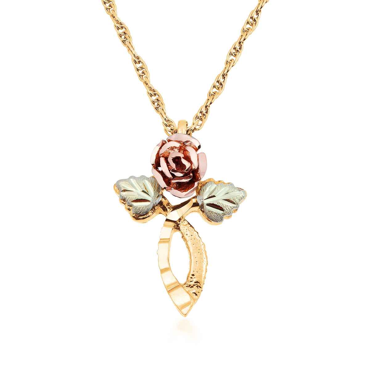 Black Hills Gold Rose & Leaf Cross Pendant in 10K Yellow Gold