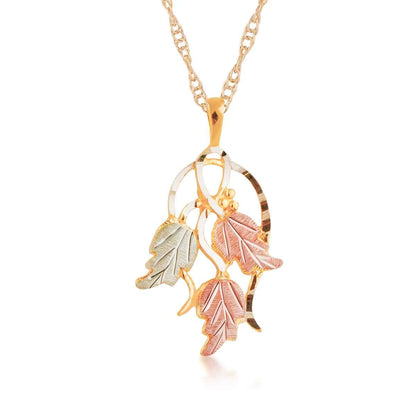 Black Hills Gold Diamond Cut Hanging Grapevine & Triple Leaf Pendant in 10K Yellow Gold