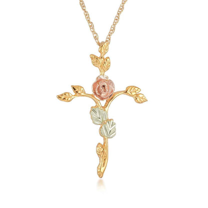 Black Hills Gold Rose Vine Cross Pendant in 10K Yellow Gold