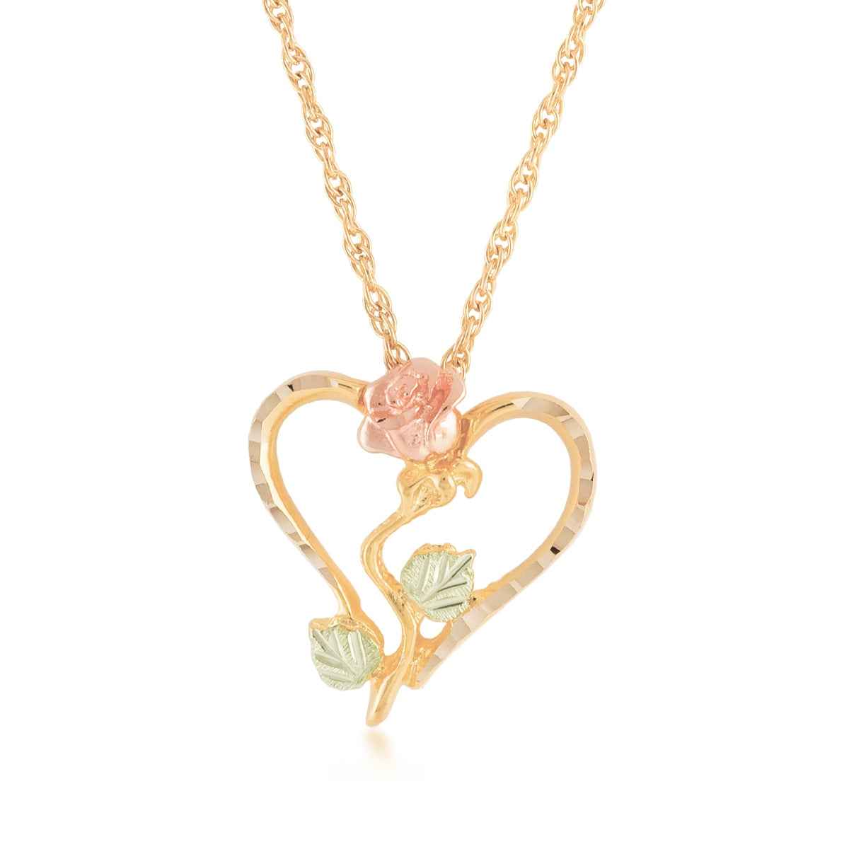 Black Hills Gold Diamond Cut Heart Pendant with Rose in 10K Yellow Gold