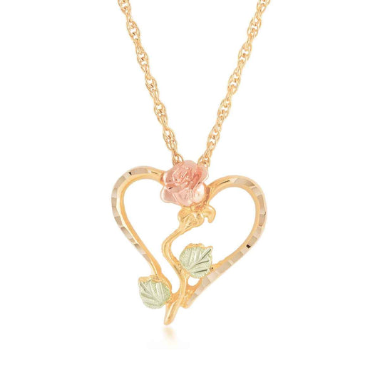Black Hills Gold Diamond Cut Heart Pendant with Rose in 10K Yellow Gold