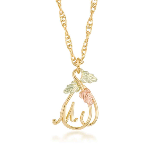 Black Hills Gold Hanging Vine with Leaves Initial Letter M Pendant in 10K Yellow Gold