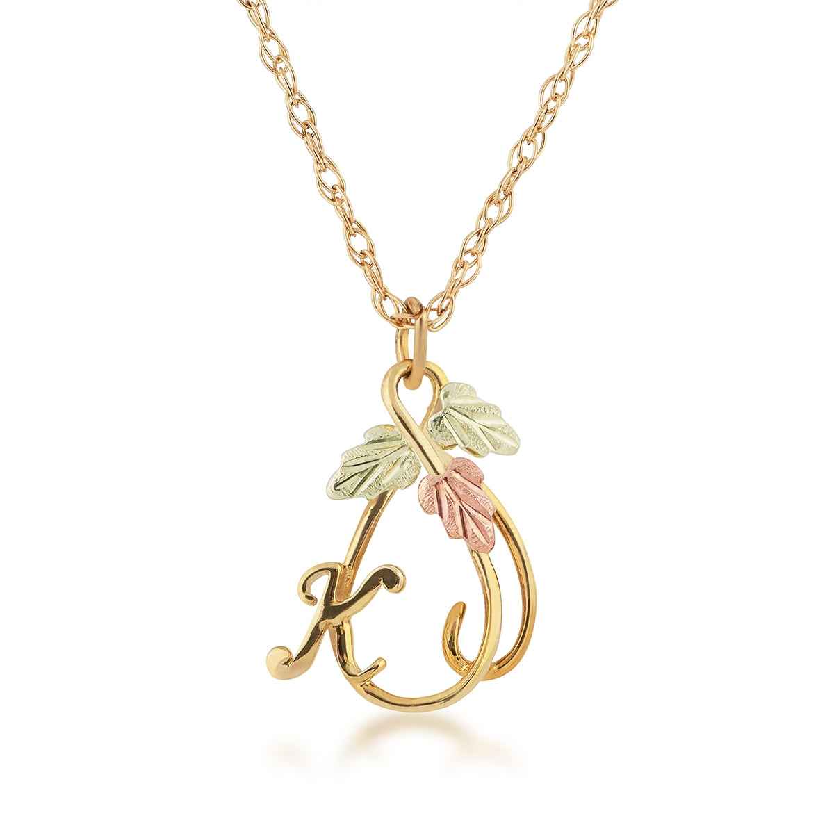 Black Hills Gold Hanging Vine with Leaves Initial Letter K Pendant in 10K Yellow Gold