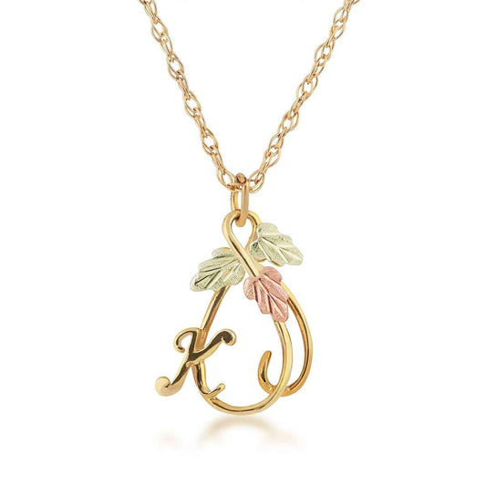 Black Hills Gold Hanging Vine with Leaves Initial Letter K Pendant in 10K Yellow Gold