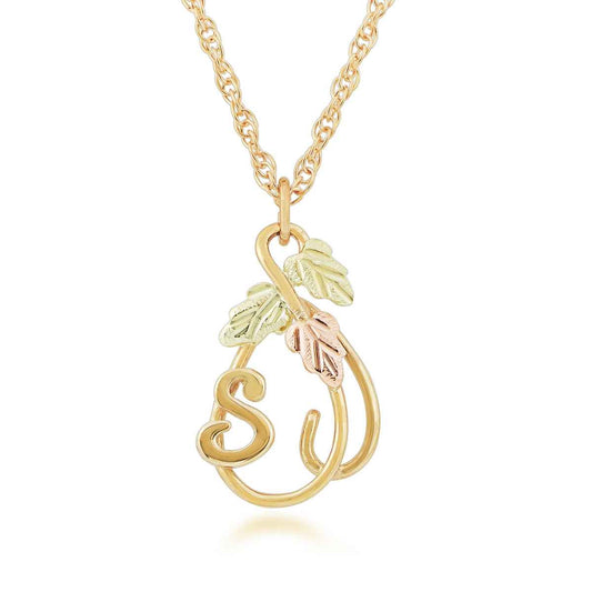Black Hills Gold Hanging Vine with Leaves Initial Letter S Pendant in 10K Yellow Gold
