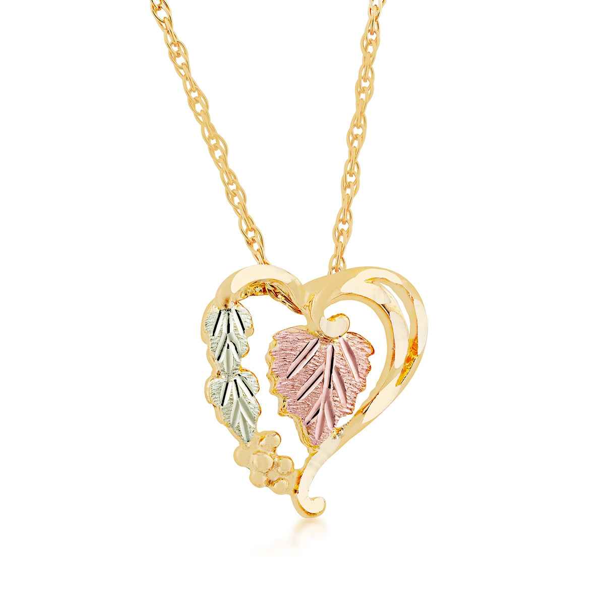 Black Hills Gold Grapevine Heart Pendant with Pink Leaf Center in 10K Yellow Gold