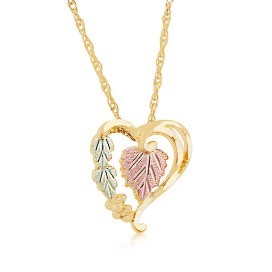 Black Hills Gold Grapevine Heart Pendant with Pink Leaf Center in 10K Yellow Gold