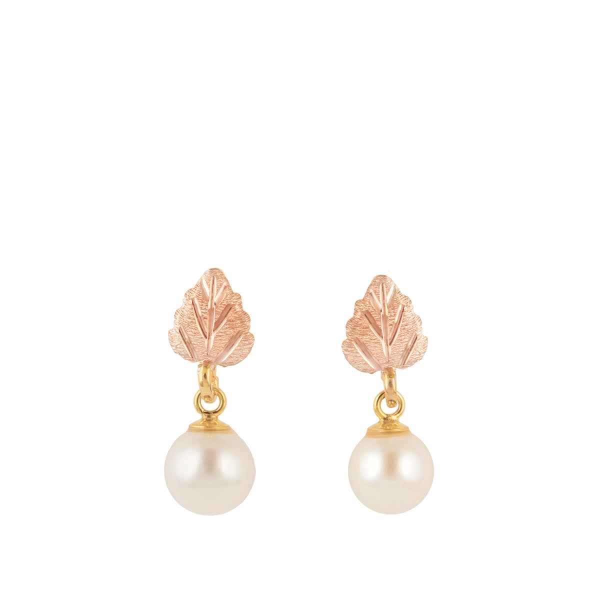 Black Hills Gold Cultured Freshwater Pearl Pink Leaf Dangle Earrings in 10K Yellow Gold