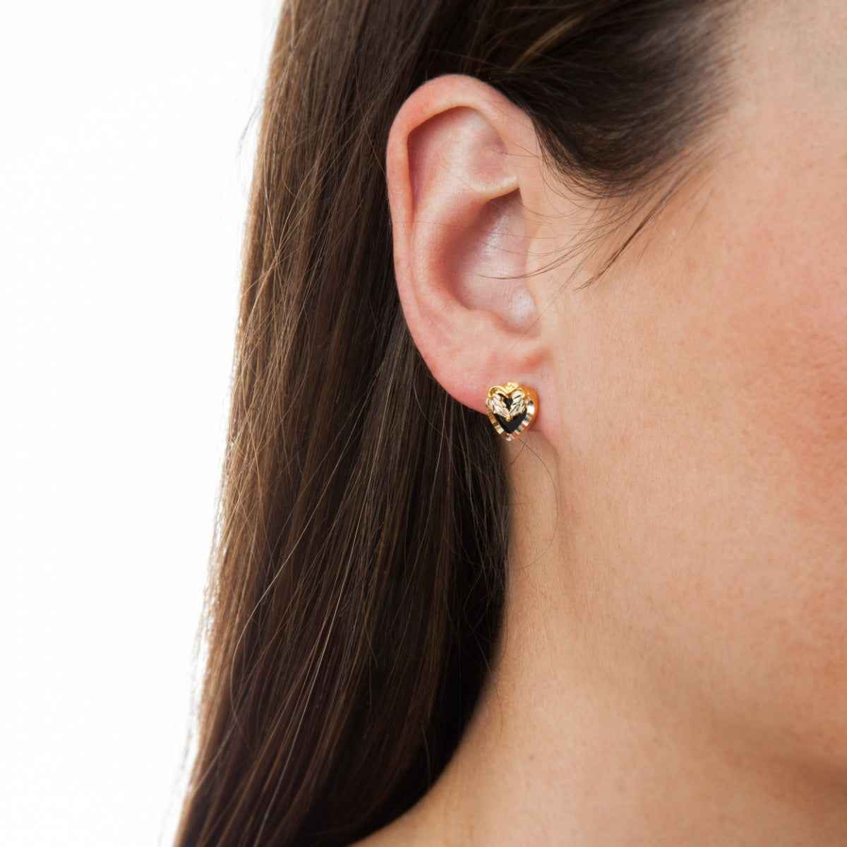 Black Hills Gold Onyx Heart Earrings with Heart-Shaped Leaf Accent in 10K Yellow Gold front view