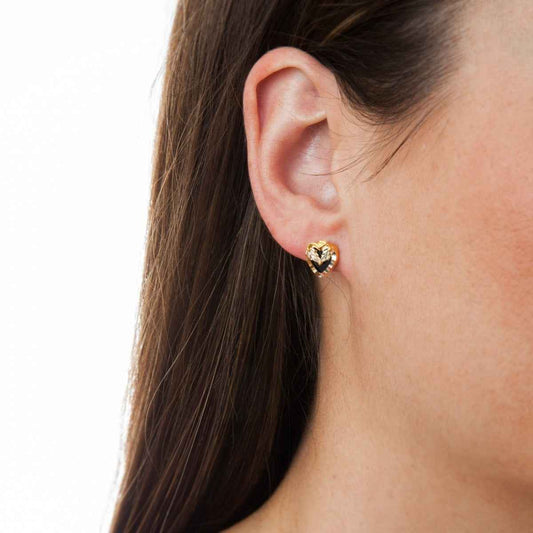 Black Hills Gold Onyx Heart Earrings with Heart-Shaped Leaf Accent in 10K Yellow Gold front view