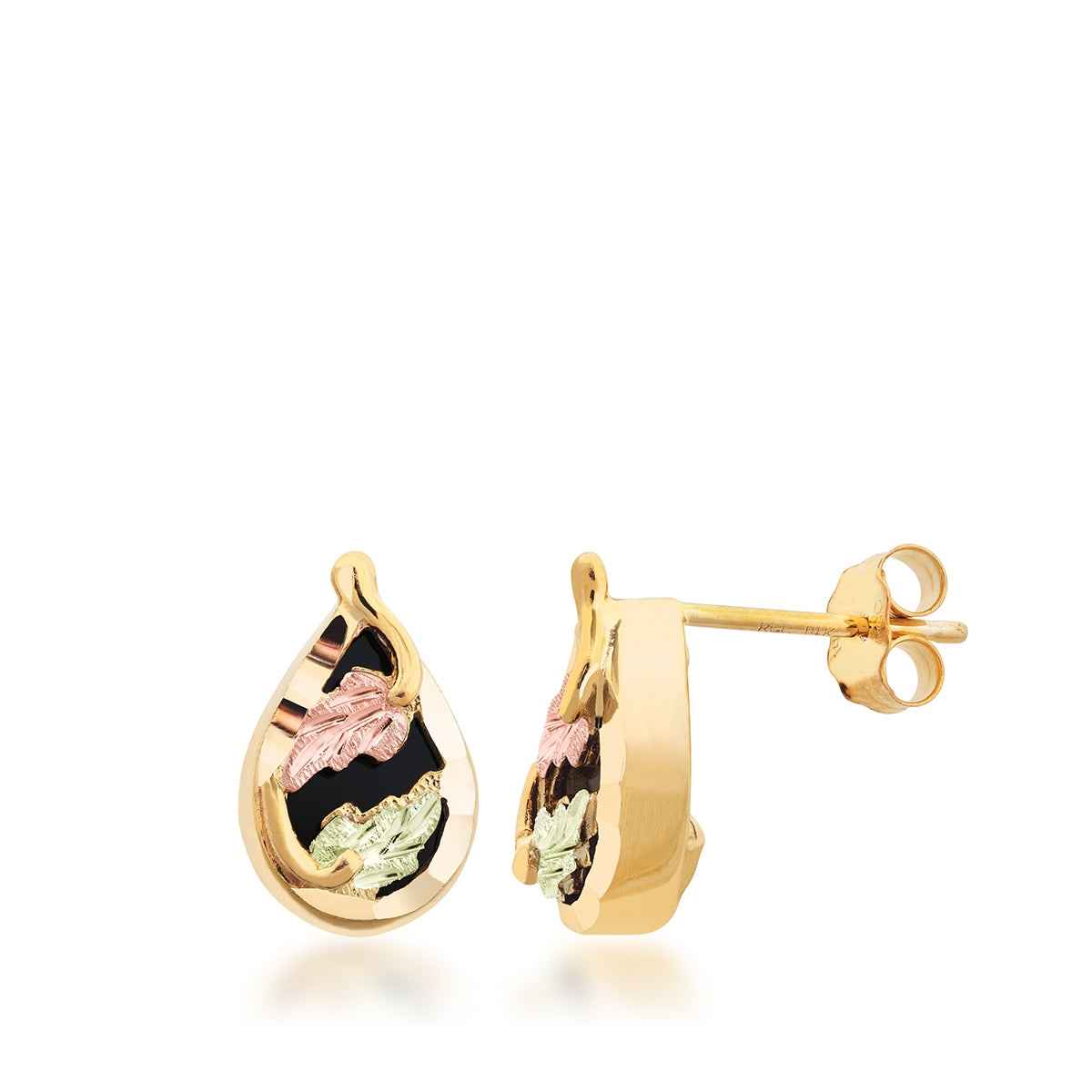 Black Hills Gold Onyx Diamond Cut Teardrop Earrings in 10K Yellow Gold