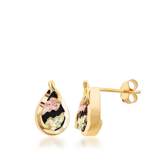 Black Hills Gold Onyx Diamond Cut Teardrop Earrings in 10K Yellow Gold