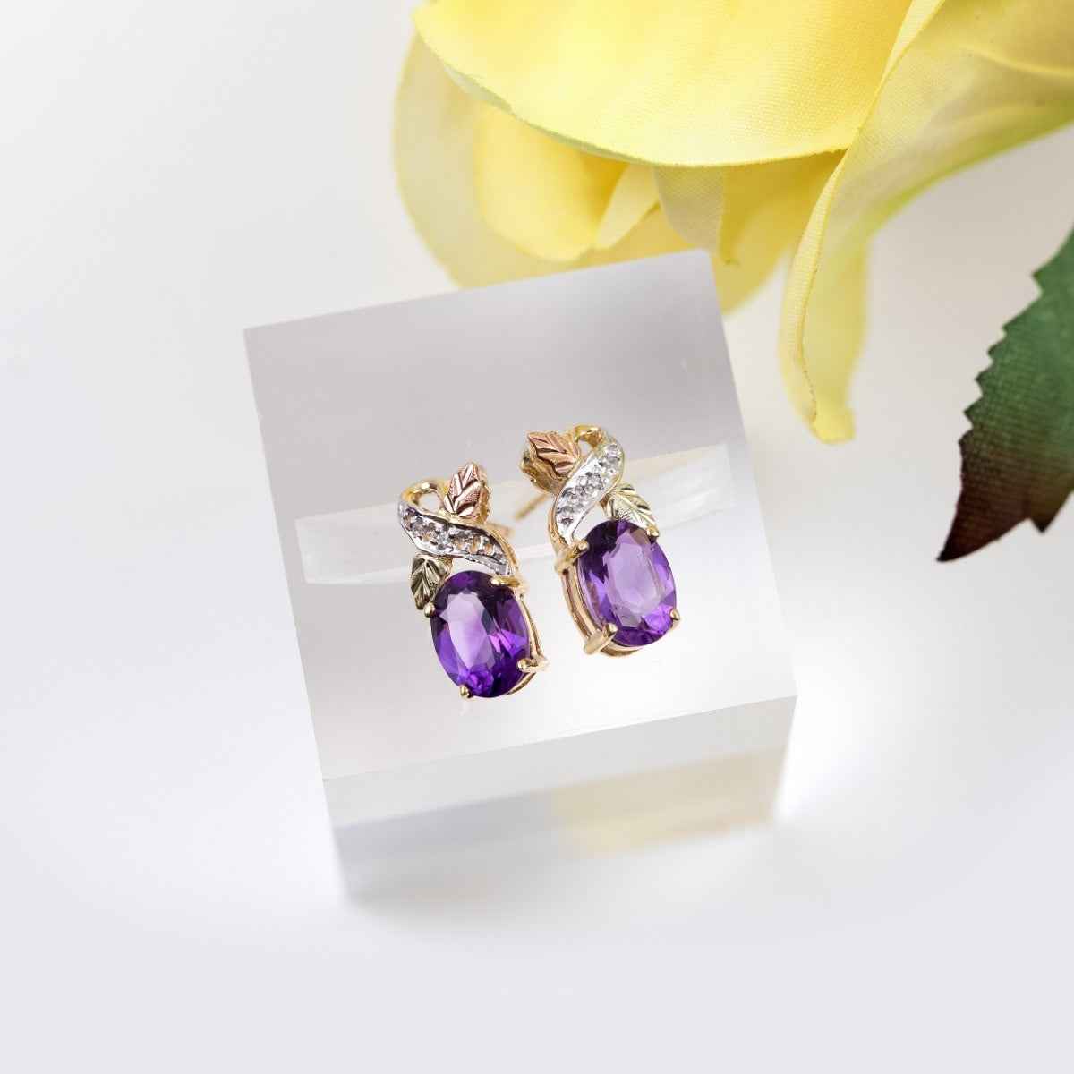 Black Hills Gold Oval Amethyst & Diamond Accent Earrings in 10K Yellow Gold front view