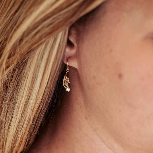 Noventa & Black Hills Gold 1/5 ct. tw. Round Diamond Leaf Dangle Earrings in 10K Yellow Gold close-up detail