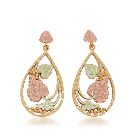 Black Hills Gold Diamond Cut Grapevine & Leaf Teardrop Dangle Earrings in 10K Yellow Gold
