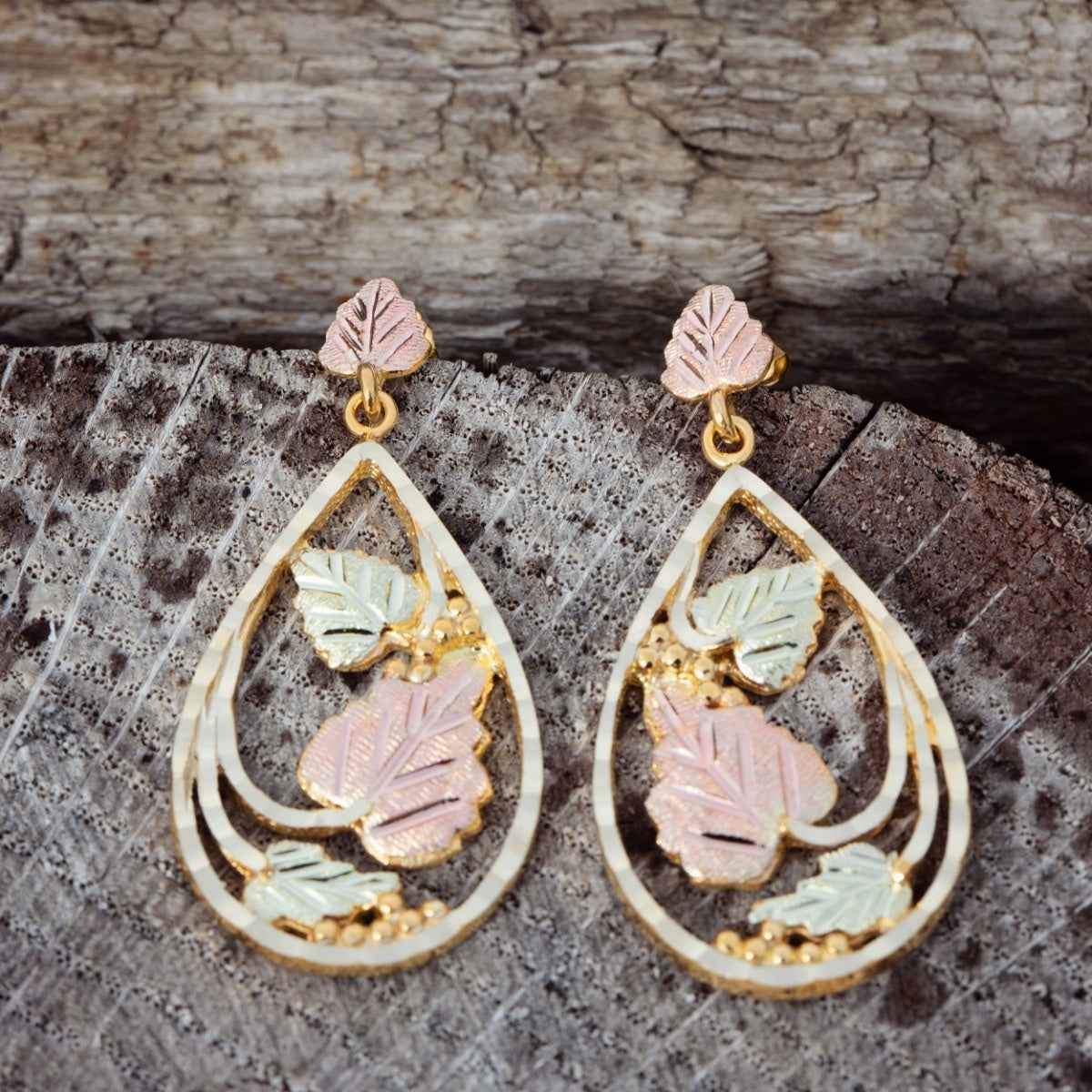 Black Hills Gold Diamond Cut Grapevine & Leaf Teardrop Dangle Earrings in 10K Yellow Gold front view