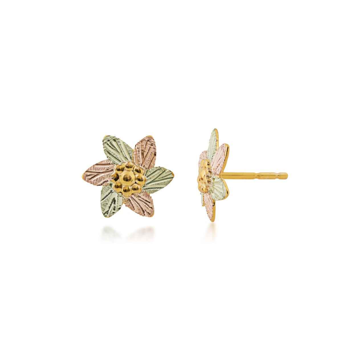 Black Hills Gold Pink & Green Leaf Flower Earrings in 10K Yellow Gold