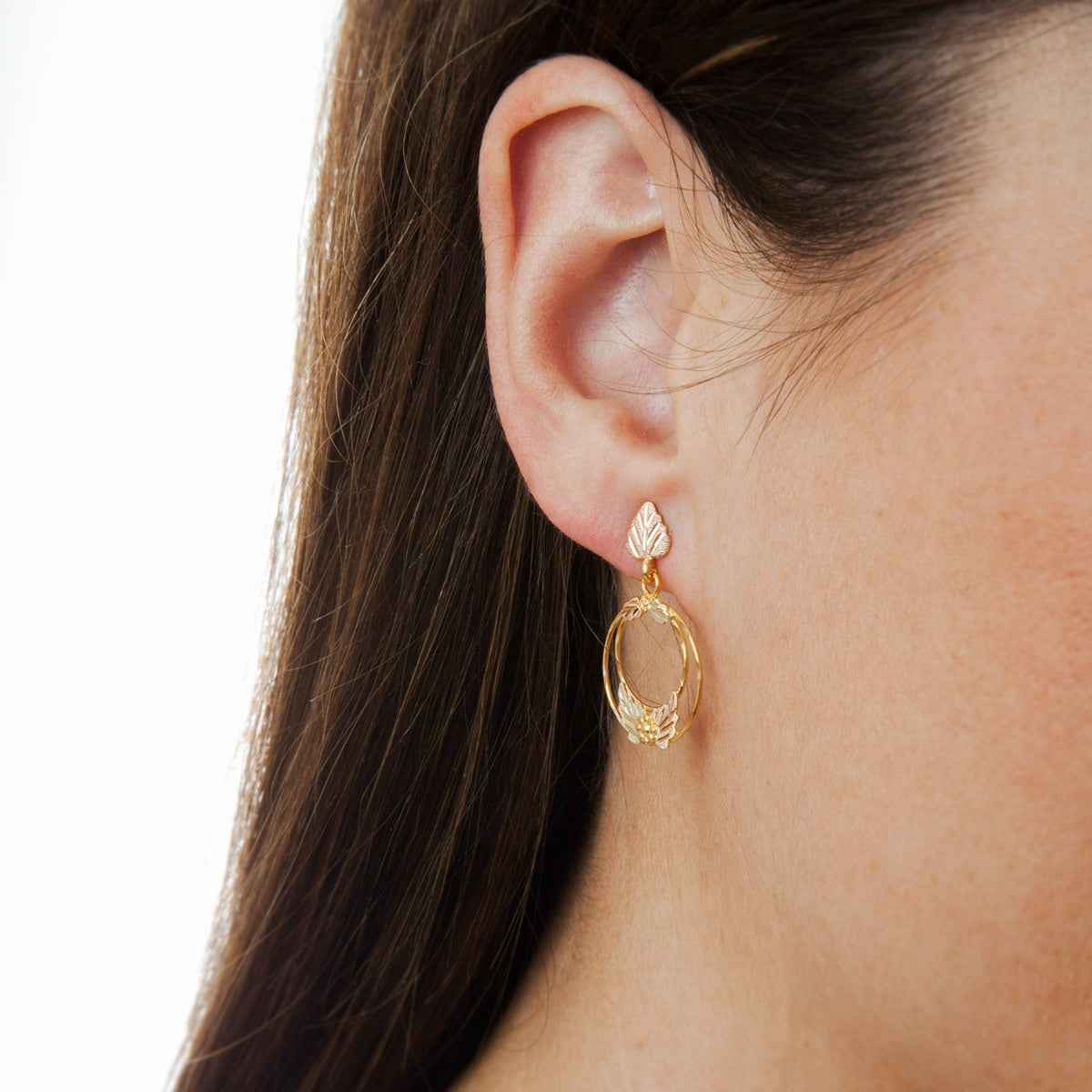 Black Hills Gold Small Dangle Double Circle Earrings in 10K Yellow Gold close-up detail