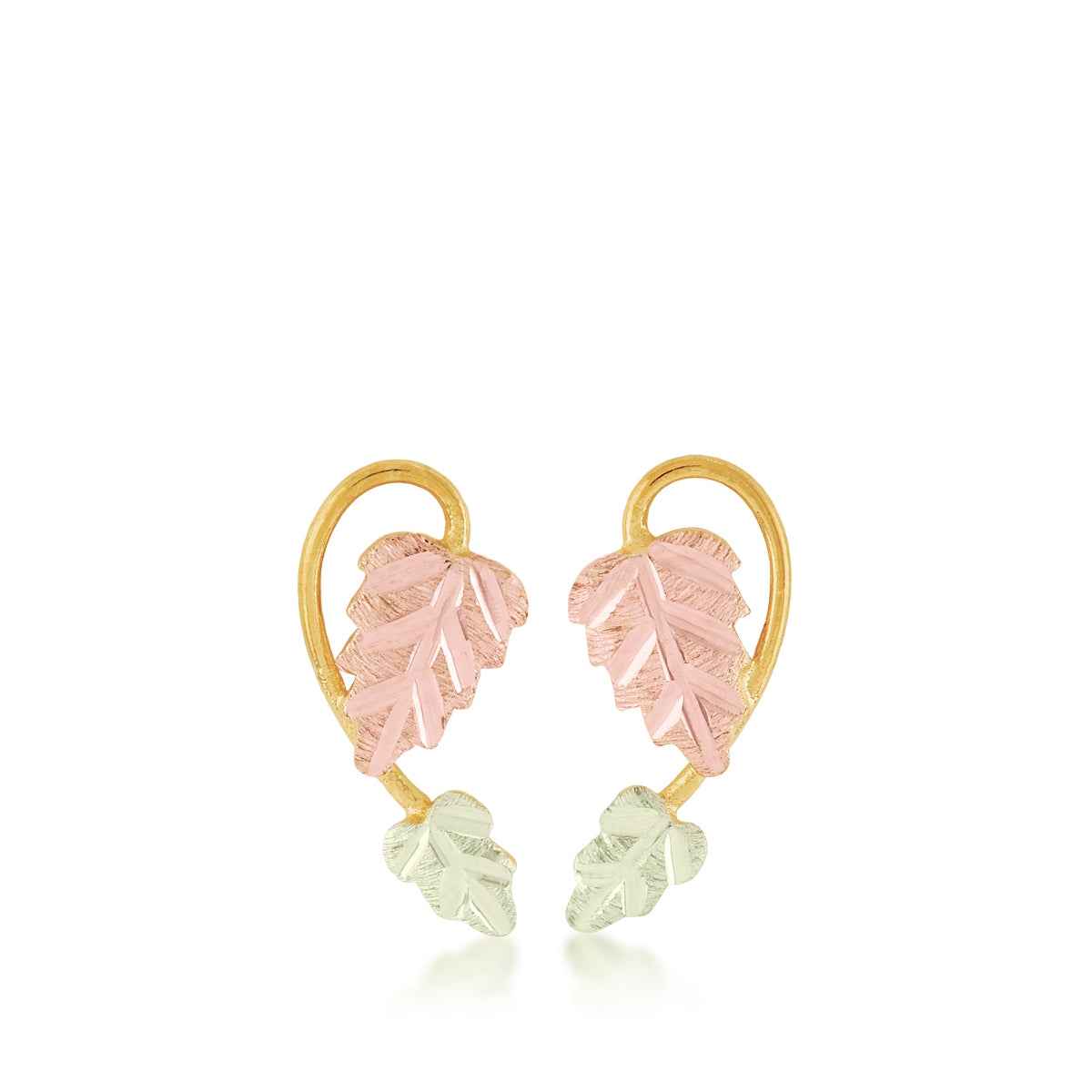 Black Hills Gold Pink & Green Leaf Vine Earrings in 10K Yellow Gold