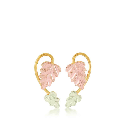 Black Hills Gold Pink & Green Leaf Vine Earrings in 10K Yellow Gold
