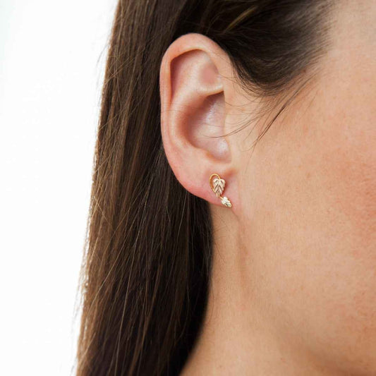 Black Hills Gold Pink & Green Leaf Vine Earrings in 10K Yellow Gold front view