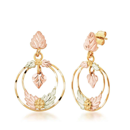 Black Hills Gold Diamond Cut Double Circle Dangle Earrings with Pink Leaf Center in 10K Yellow Gold