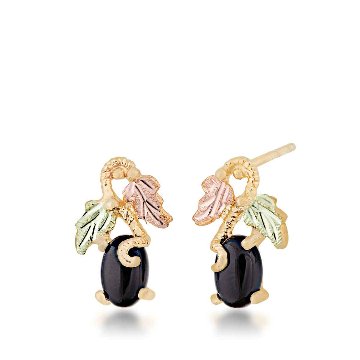 Black Hills Gold Oval Onyx Vine & Leaf Drop Earrings in 10K Yellow Gold
