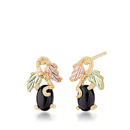 Black Hills Gold Oval Onyx Vine & Leaf Drop Earrings in 10K Yellow Gold