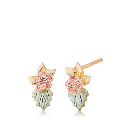 Black Hills Gold Rose & Green Leaf Earrings in 10K Yellow Gold