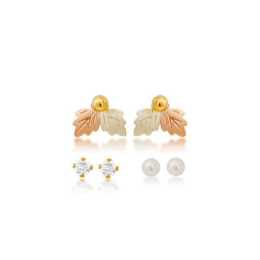 Black Hills Gold Cultured Freshwater Pearl, Cubic Zirconia, & Yellow Gold Filled Ball Studs with Leaf Earring Jackets
