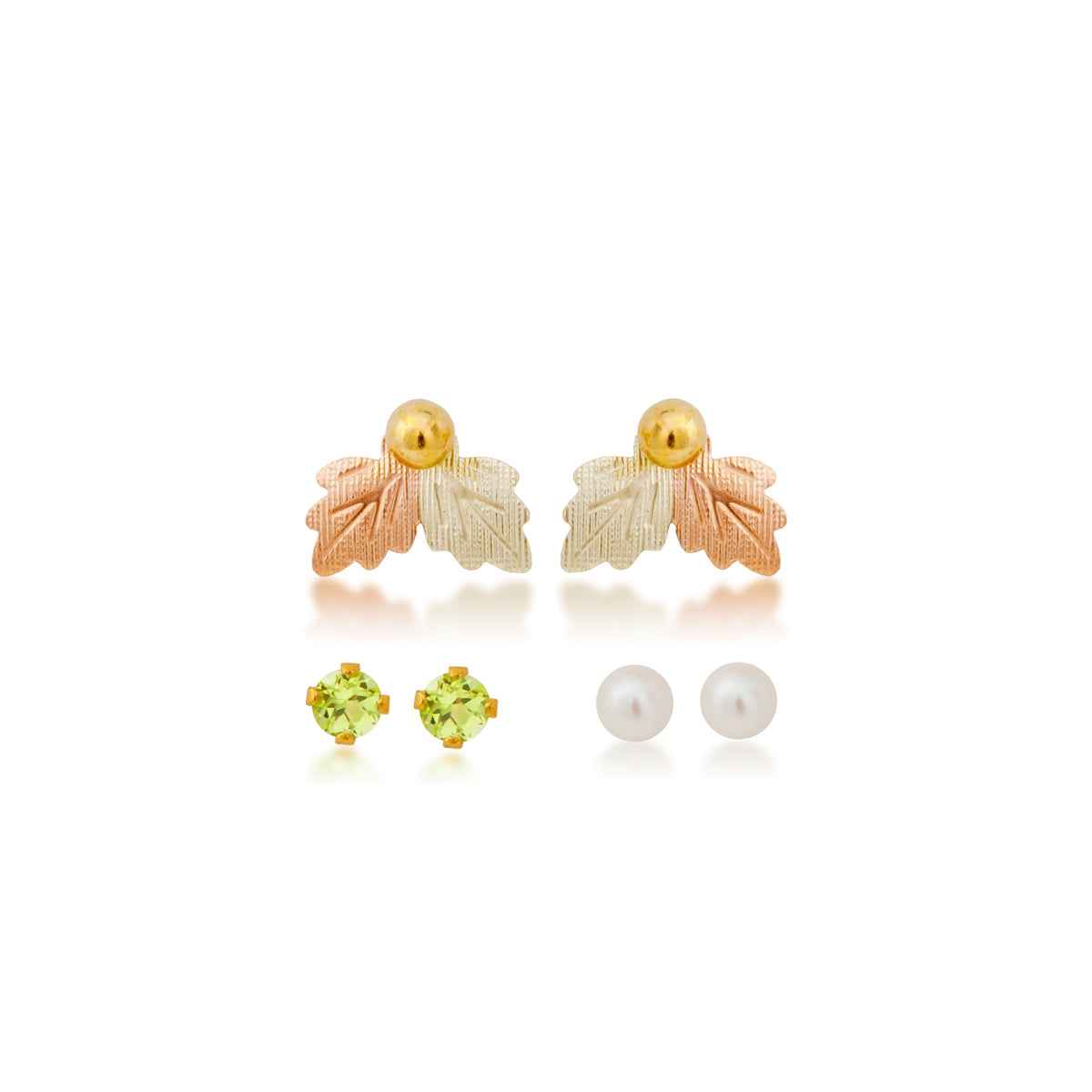 Black Hills Gold Cultured Freshwater Pearl, Synthetic Peridot, & Yellow Gold Filled Ball Studs with Leaf Earring Jackets
