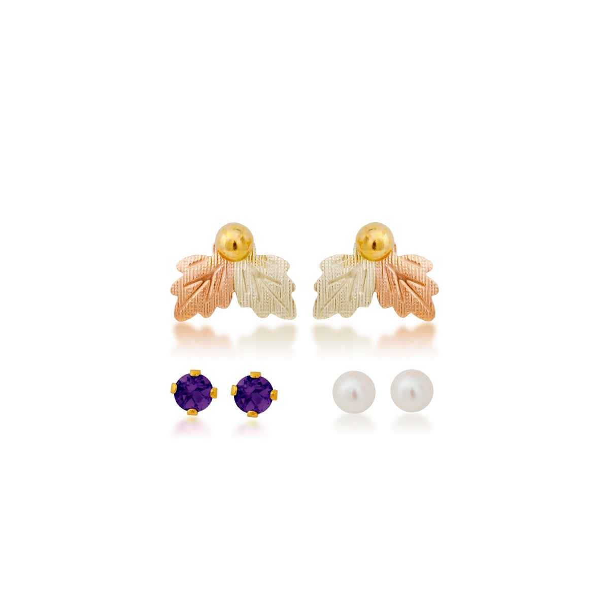Black Hills Gold Cultured Freshwater Pearl, Synthetic Amethyst, & Yellow Gold Filled Ball Studs with Leaf Earring Jackets