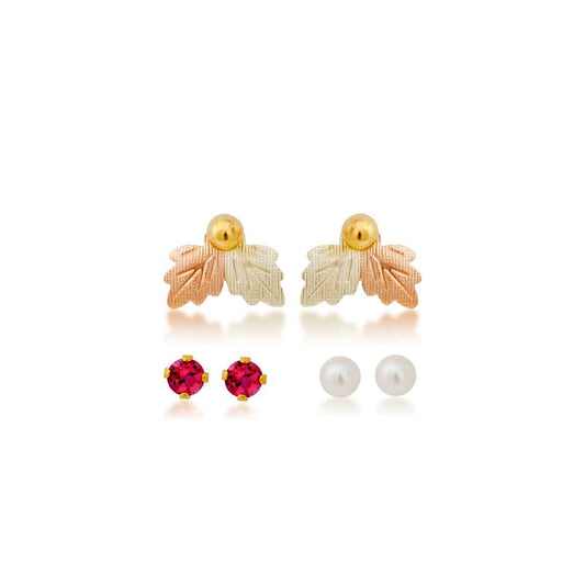 Black Hills Gold Cultured Freshwater Pearl, Synthetic Ruby, & Yellow Gold Filled Ball Studs with Leaf Earring Jackets
