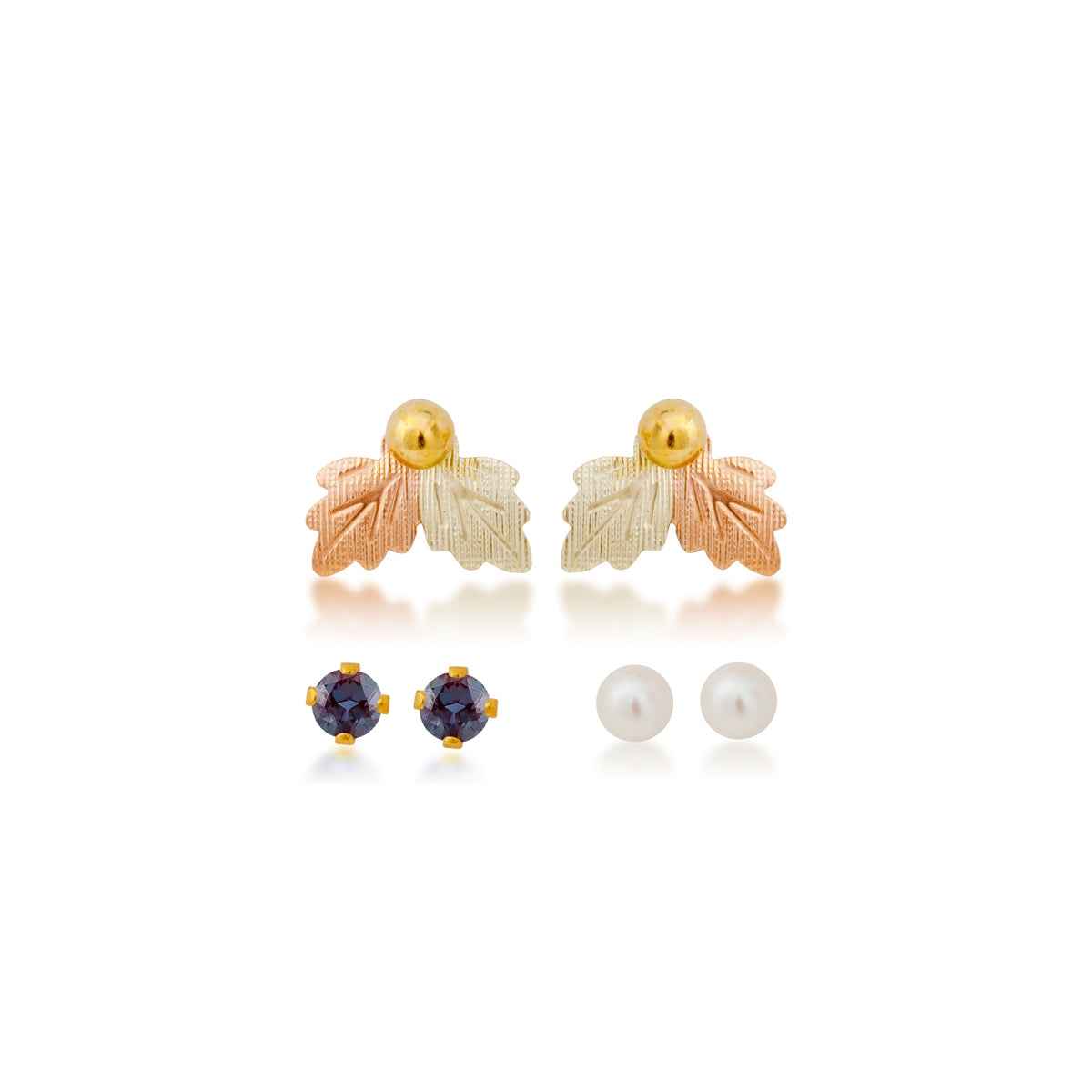 Black Hills Gold Cultured Freshwater Pearl, Synthetic Alexandrite, & Yellow Gold Filled Ball Studs with Leaf Earring Jackets