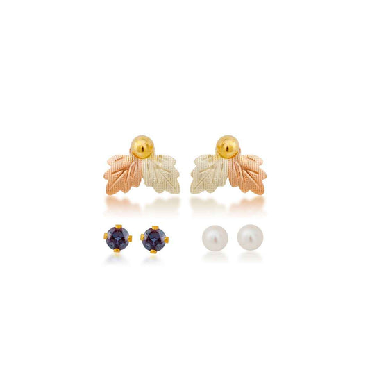 Black Hills Gold Cultured Freshwater Pearl, Synthetic Alexandrite, & Yellow Gold Filled Ball Studs with Leaf Earring Jackets