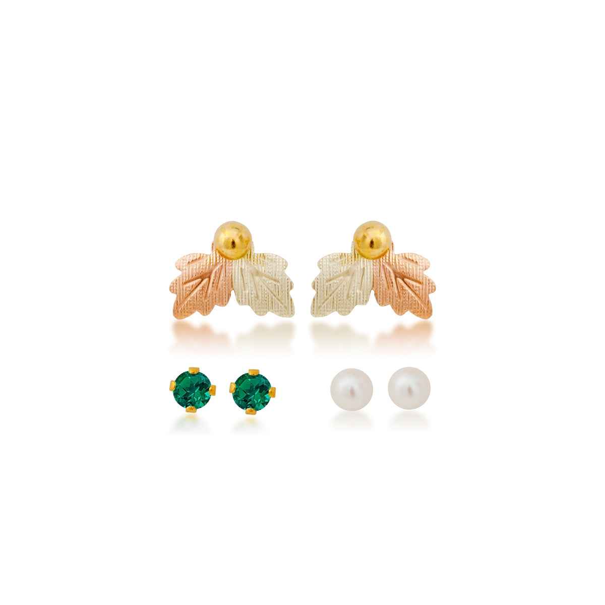 Black Hills Gold Cultured Freshwater Pearl, Synthetic Emerald, & Yellow Gold Filled Ball Studs with Leaf Earring Jackets