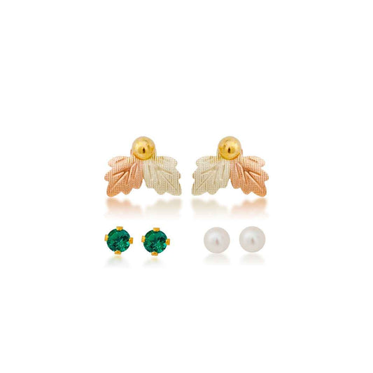 Black Hills Gold Cultured Freshwater Pearl, Synthetic Emerald, & Yellow Gold Filled Ball Studs with Leaf Earring Jackets