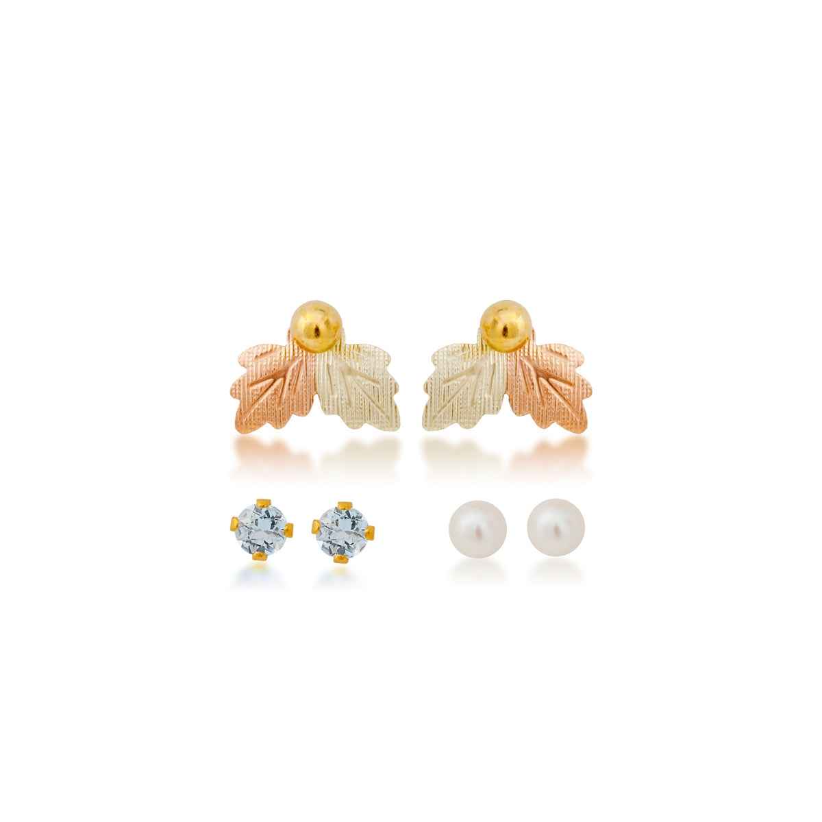 Black Hills Gold Cultured Freshwater Pearl, Synthetic Aquamarine, & Yellow Gold Filled Ball Studs with Leaf Earring Jackets