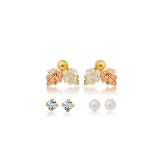Black Hills Gold Cultured Freshwater Pearl, Synthetic Aquamarine, & Yellow Gold Filled Ball Studs with Leaf Earring Jackets