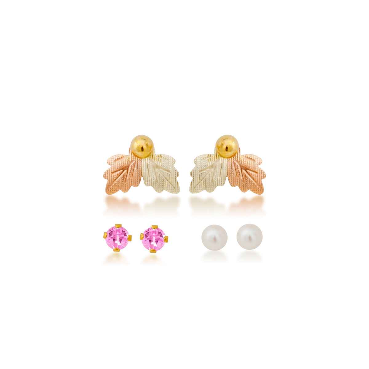 Black Hills Gold Cultured Freshwater Pearl, Synthetic Tourmaline, & Yellow Gold Filled Ball Studs with Leaf Earring Jackets