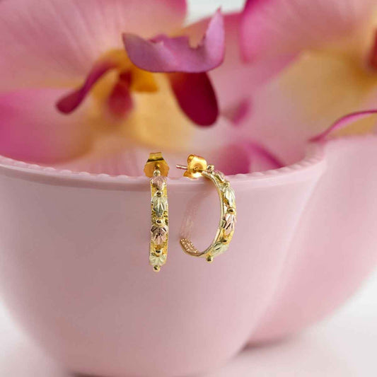 Black Hills Gold Pink & Green Leaf J Hoop Earrings in 10K Yellow Gold front view