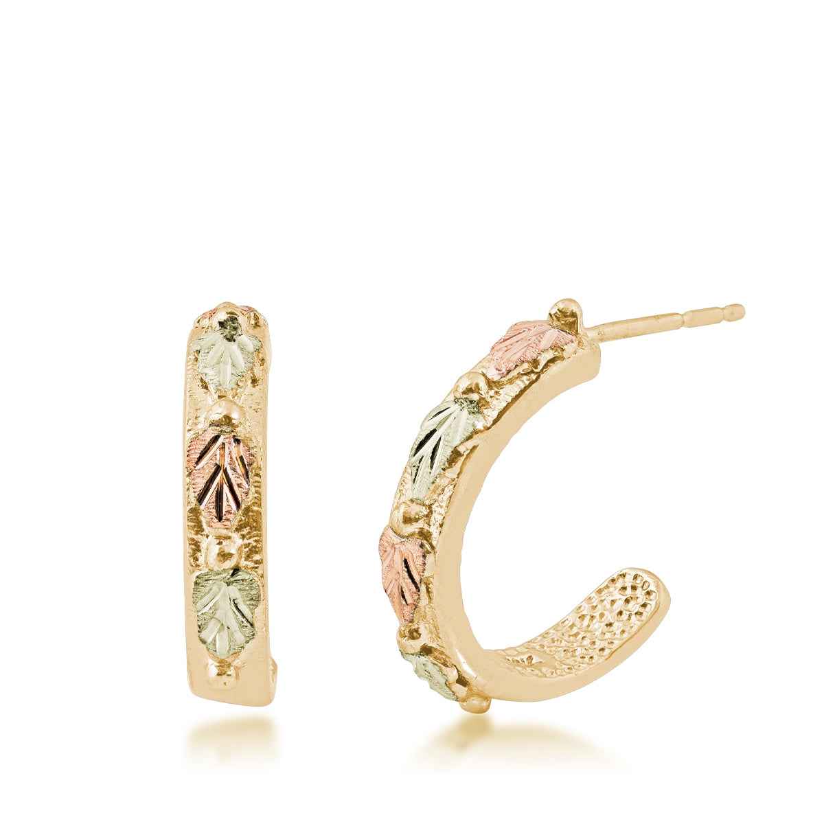 Black Hills Gold Pink & Green Leaf J Hoop Earrings in 10K Yellow Gold