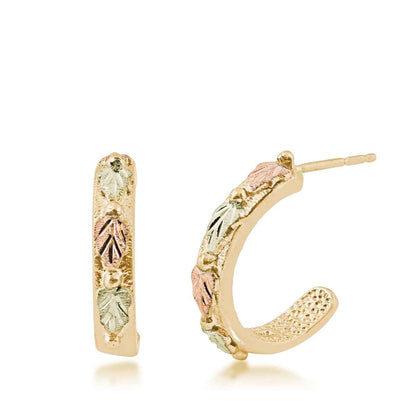 Black Hills Gold Pink & Green Leaf J Hoop Earrings in 10K Yellow Gold