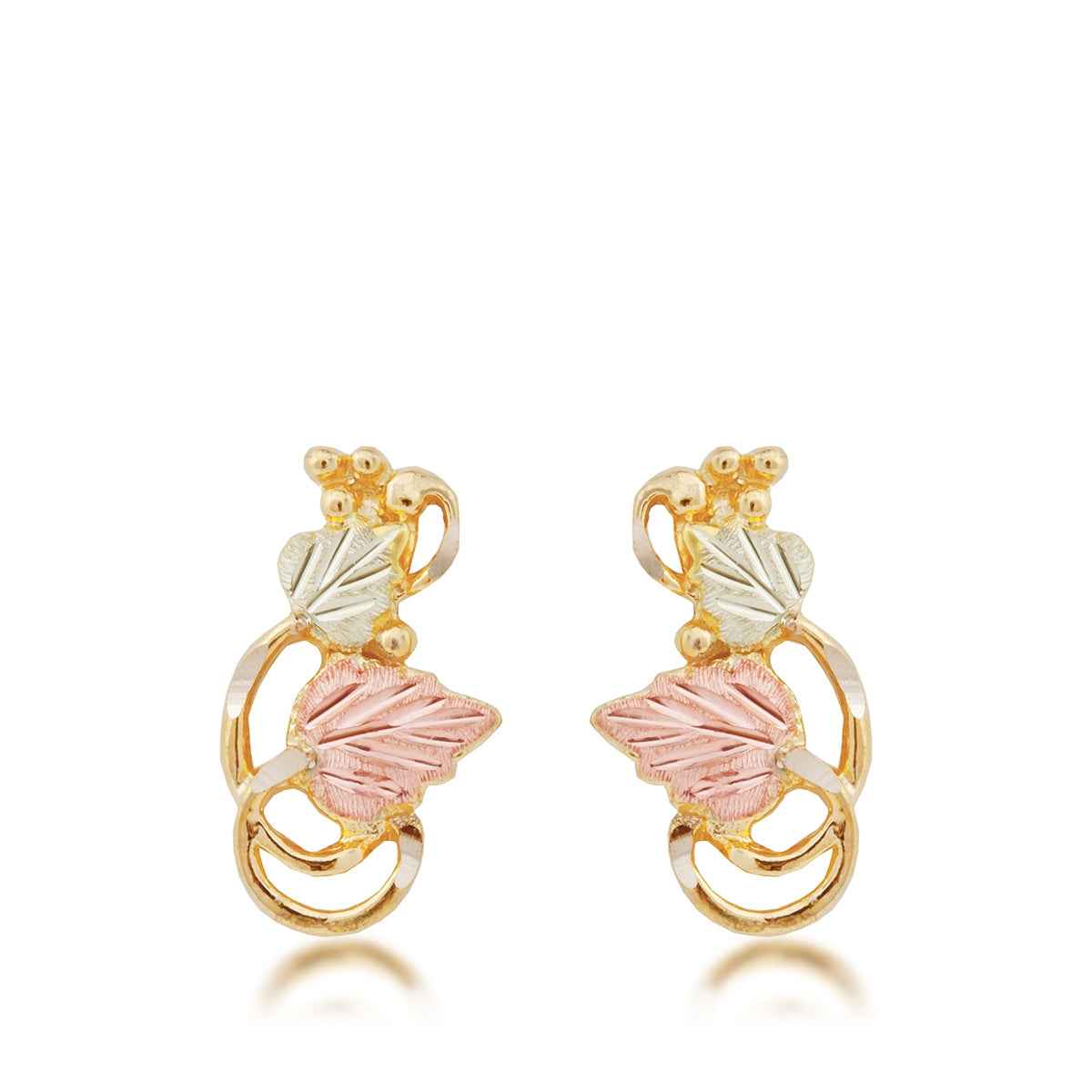 Black Hills Gold Pink & Green Leaf Grapevine Drop Earrings in 10K Yellow Gold